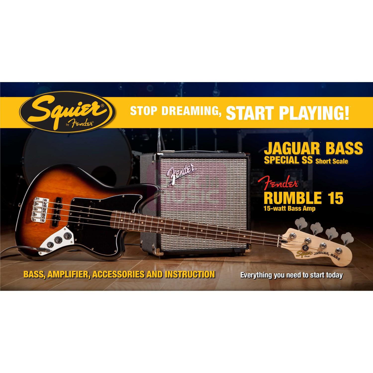 Squier Jaguar Bass Special SS Set BSB met Rumble 15 amp